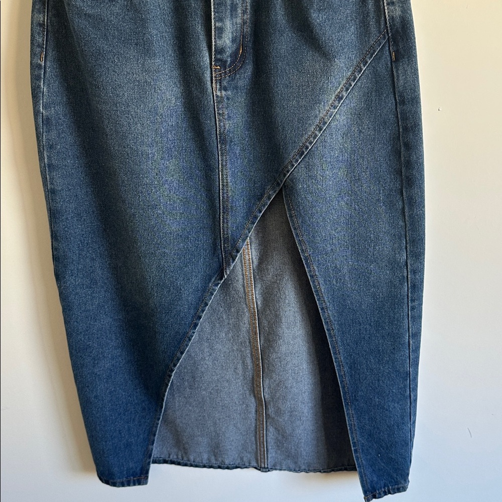 Like New Mayblanc Jean Denim Midi Skirt With Slit Size Medium - Picture 3 of 8